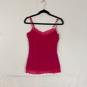 Express Sexy Stretch Pink Lace Trim Camisole Tank Top Large V-Neck Shelf Bra